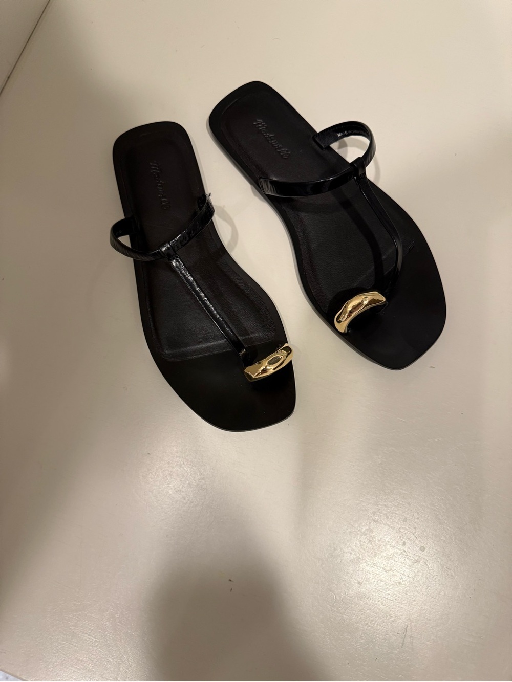 Madewell Dessa Black Leather T-Strap Sandals with Gold Toe Accent - Picture 2 of 4